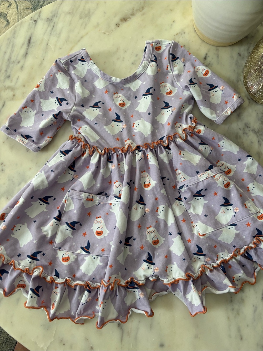 Girls' Lavender Halloween Ghost Print Ruffle Dress